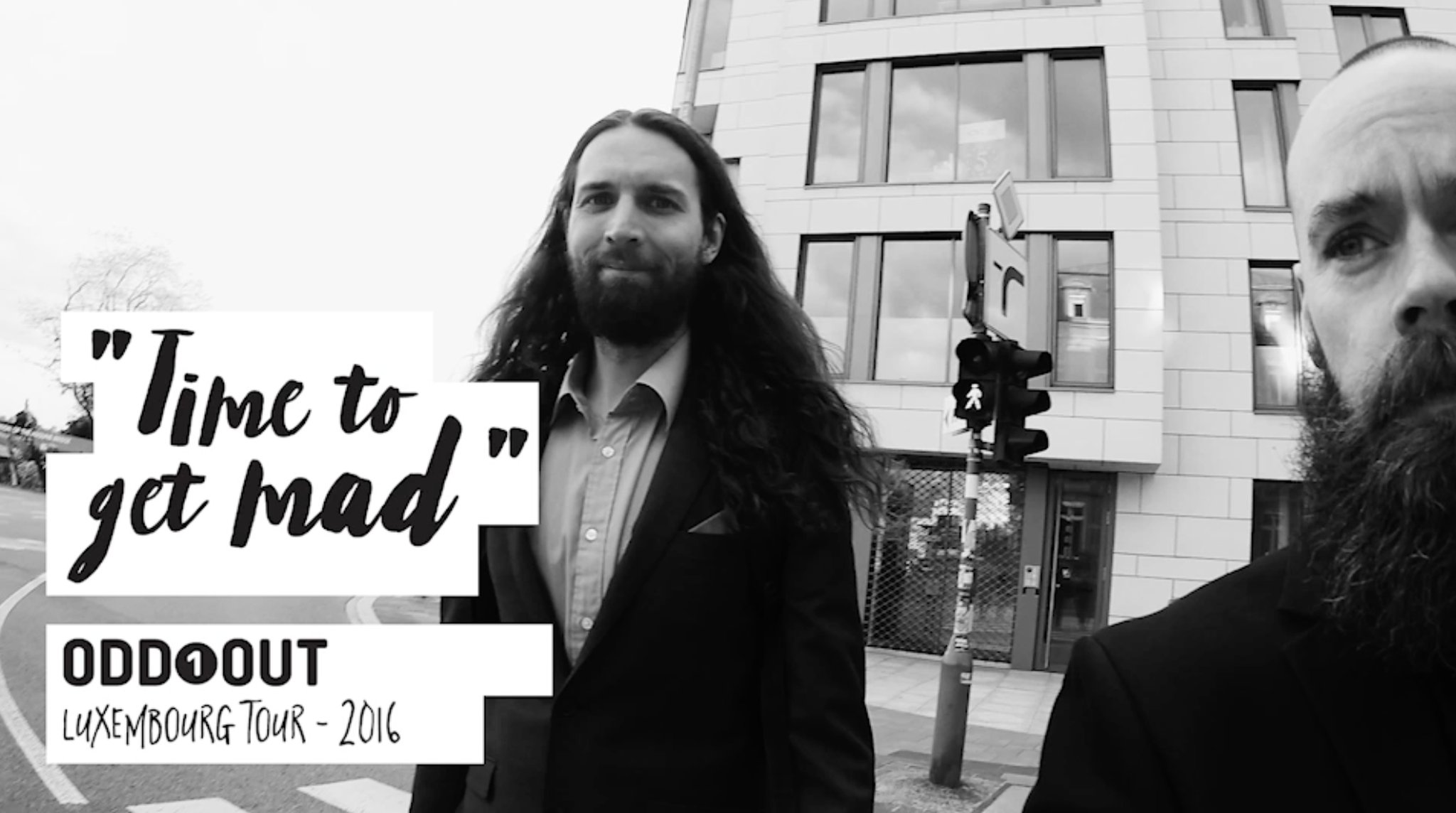 Black and white photo of Martin and Ric in Luxembourg in 2016 for the Time to get mad video. 